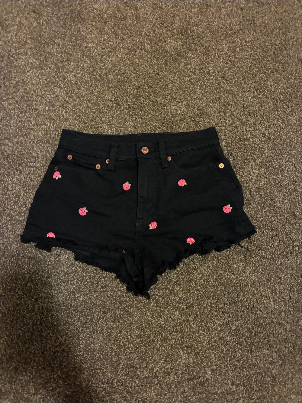 Black High-Rise Denim Shorts with Pink Rose Embroidery